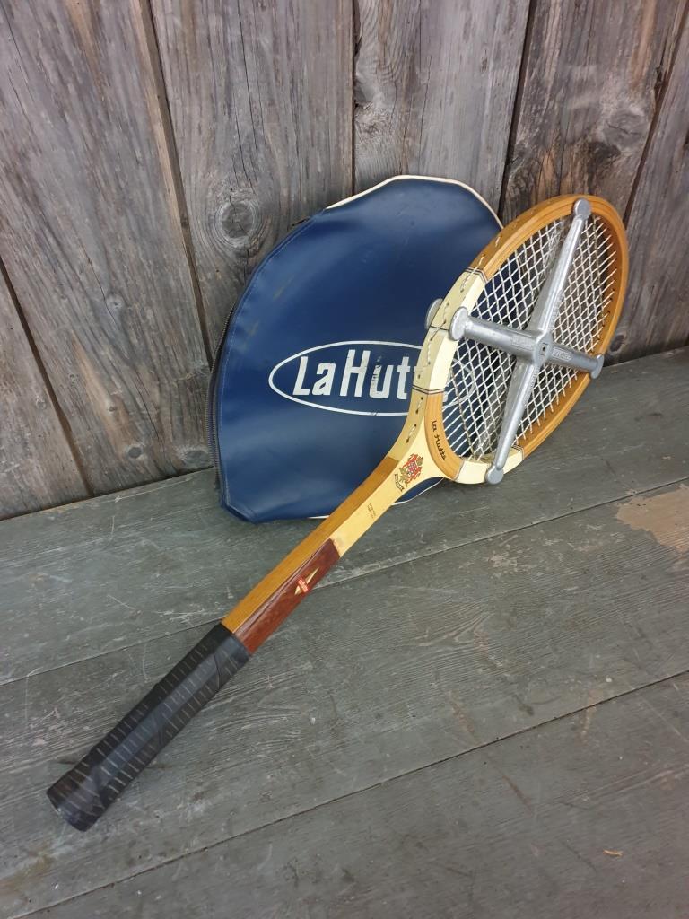 Raquette de tennis en bois vintage Lahutte Housse tendeur