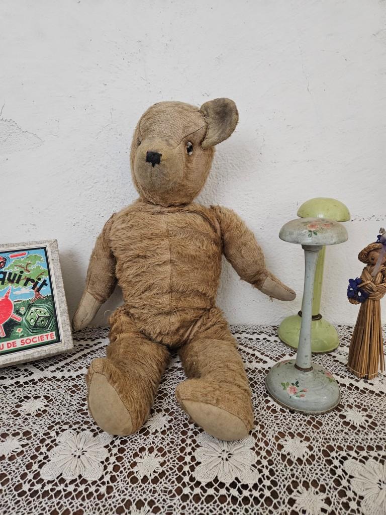 ANCIEN OURS en PELUCHE vers 1920, JOUET ANCIEN usé ANCIEN OURS en PELUCHE vers 1920, JOUET ANCIEN usé
