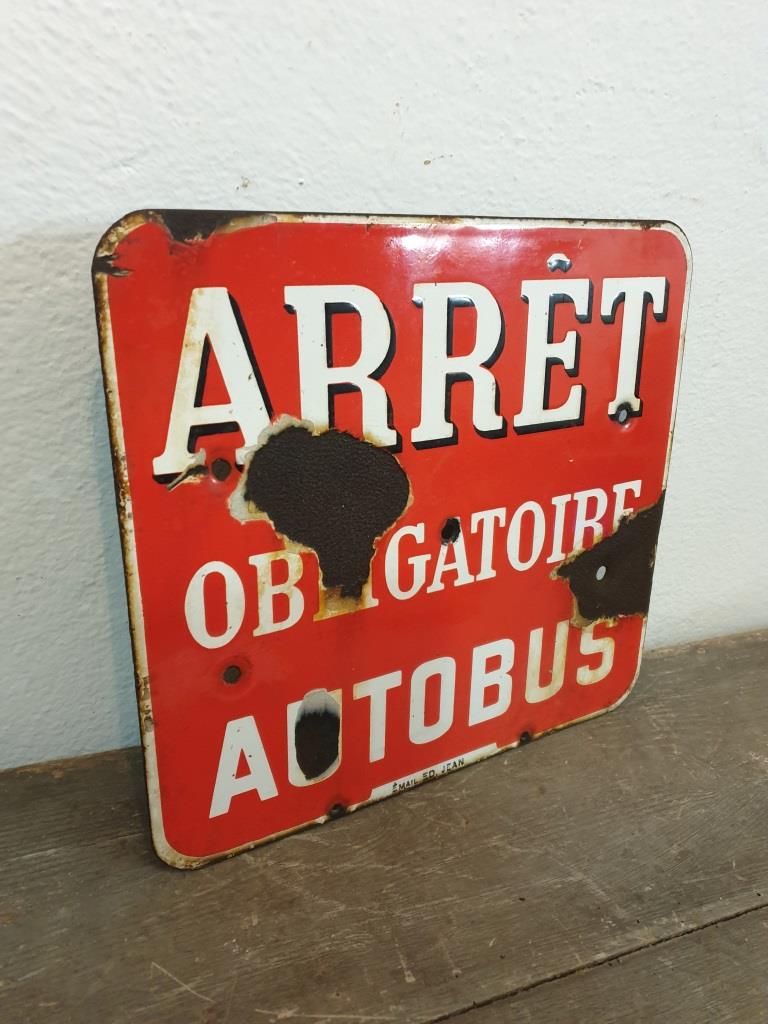 1 plaque emaillee arrete de bus rouge