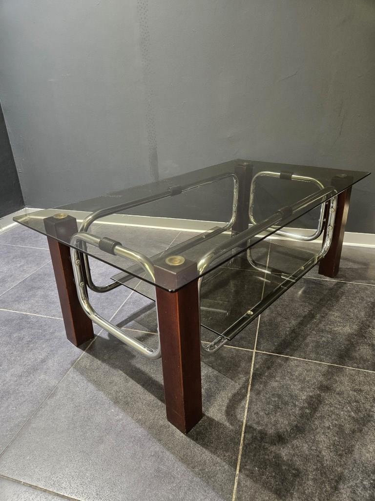 1 table basse 70s bois verre chrome