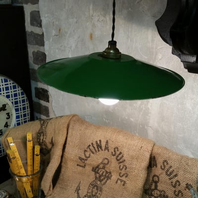 2 lampe abat jour emaille vert fil noir