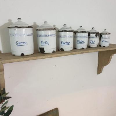 2 serie de pots a epices blanc et bleu emaille