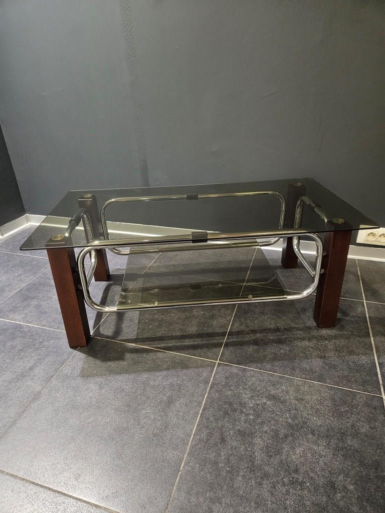 2 table basse 70s bois verre chrome