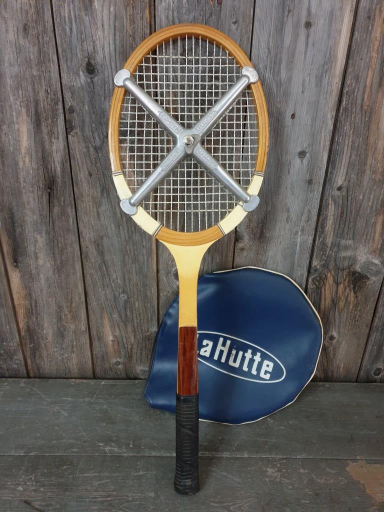 Raquette de tennis en bois vintage Lahutte Housse tendeur